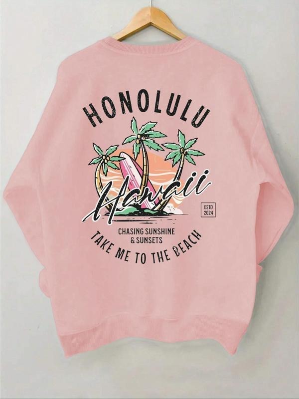 Women'WB shield Letter & Palm Tree Print Drop Shoulder Sweatshirt, Casual Long Sleeve Round Neck Pullover for Fall & Winter, Ladies TNF for Daily Wear