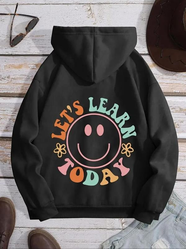 Women'WB shield Letter & Smile TNF Print Drop Shoulder Hoodie, Fashion Casual Drawstring Pocket Hooded Sweatshirt for Daily Holiday Outdoor Wear, Women Clothing for Fall & Winter
