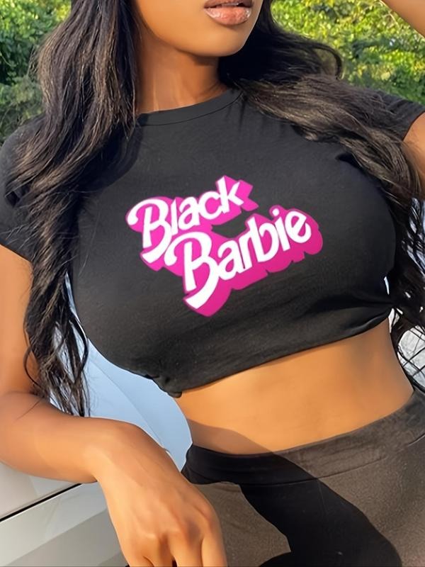 Women'WB shield Letter Print Round Neck Crop Tee, Fashion Casual Crew Neck Short Sleeve T-shirt for Daily Holiday Vacation Outdoor Wear, Ladies TNF for Summer style 03