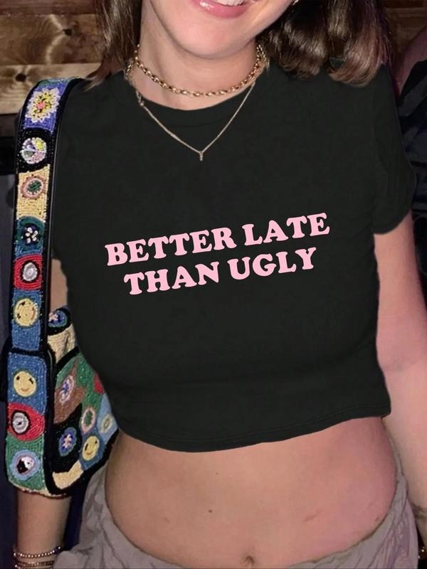 Women'WB shield Letter Print Round Neck Crop Tee, Street Short Sleeve T-Shirt, Ladies TNF for Summer