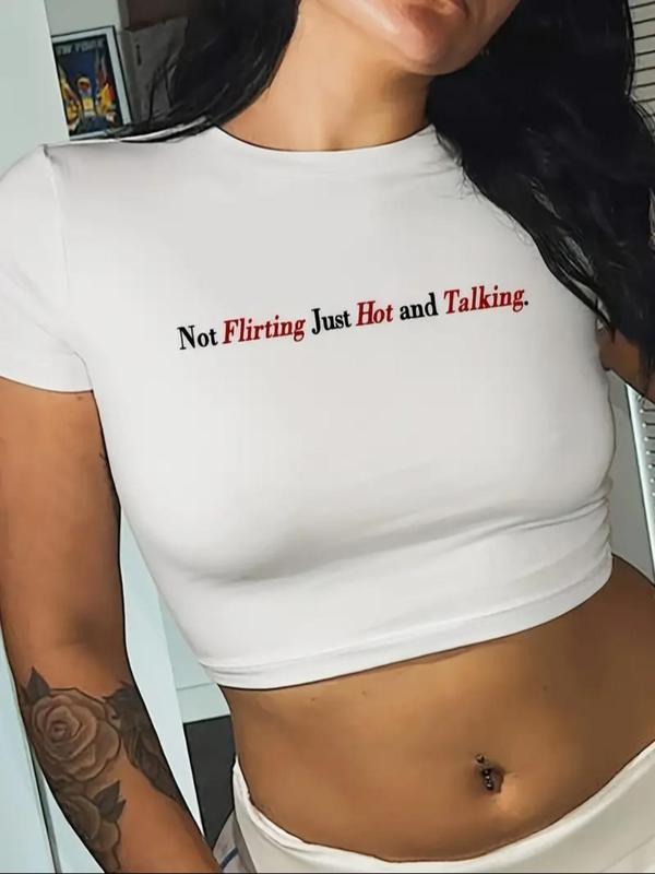 Women'WB shield Letter Print Round Neck Crop Tee, Y2K Trendy Casual Short Sleeve T-shirt for Daily Wear, Ladies Summer Outfit