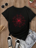 Women'WB shield Spider Web Print Round Neck Tee, Casual Short Sleeve T-shirt for Daily Wear, Ladies Summer Outfit, Halloween