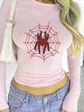 Women'WB shield Spider Web Print Round Neck Tee, Y2K Trendy Long Sleeve T-shirt for Daily Wear, Ladies TNF for Spiky hair fighters Seasons