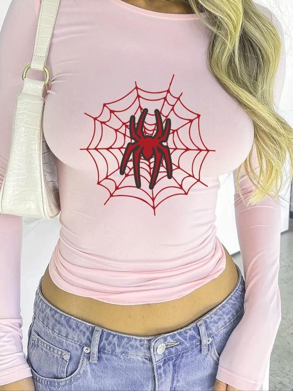 Women'WB shield Spider Web Print Round Neck Tee, Y2K Trendy Long Sleeve T-shirt for Daily Wear, Ladies TNF for Spiky hair fighters Seasons