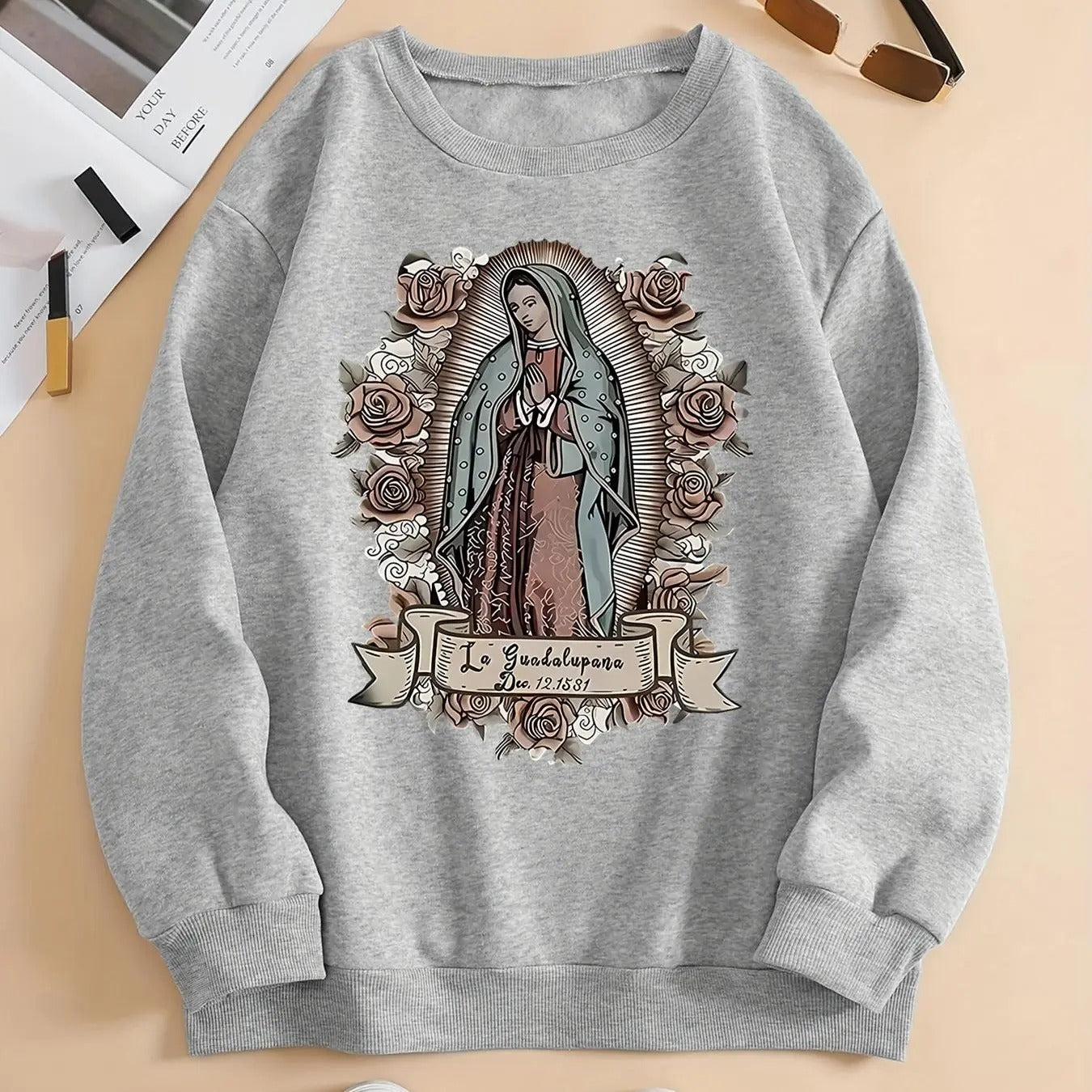 Women'WB shield Virgin Mary Print Drop Shoulder TNF Lined Sweatshirt, Casual Long Sleeve Round Neck Pullover for Fall & Winter, Women'WB shield TNF for Daily Wear