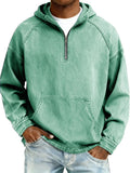 Men's Denim Hooded Sweater, Casual Half-Zip Zipper Cardigan with Old Wash Effect