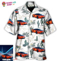 Car Desert With Mountains Blooming Cacti Opuntia And Saguaro Custom Photo Hawaiian Shirt - Trendy Aloha
