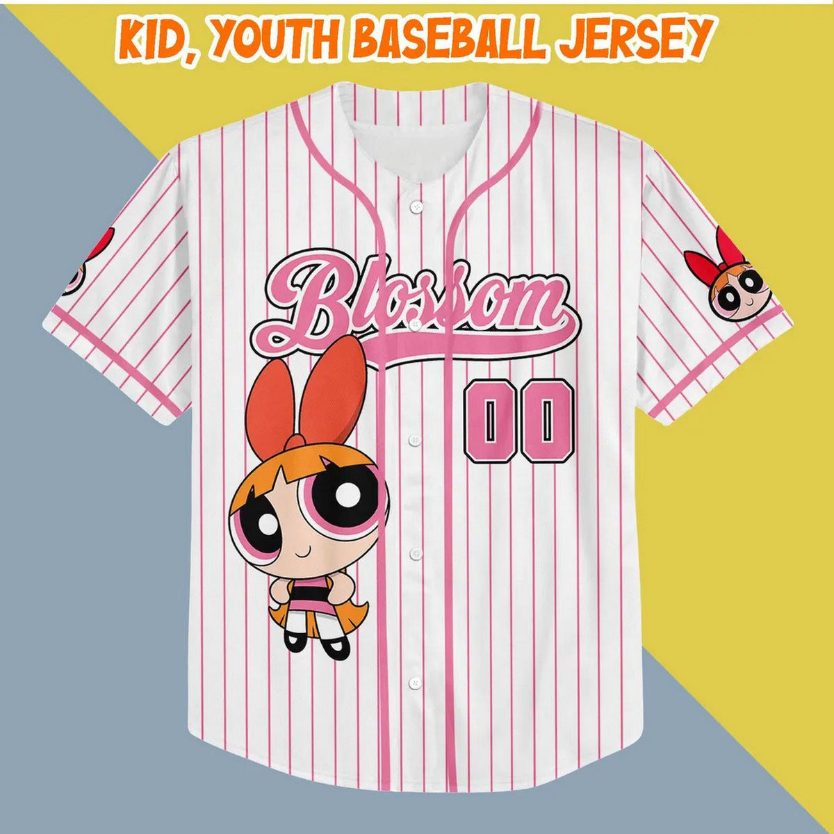 Custom Name Blossom Funny Powerpuff Girls 90s Pink White Baseball Jersey