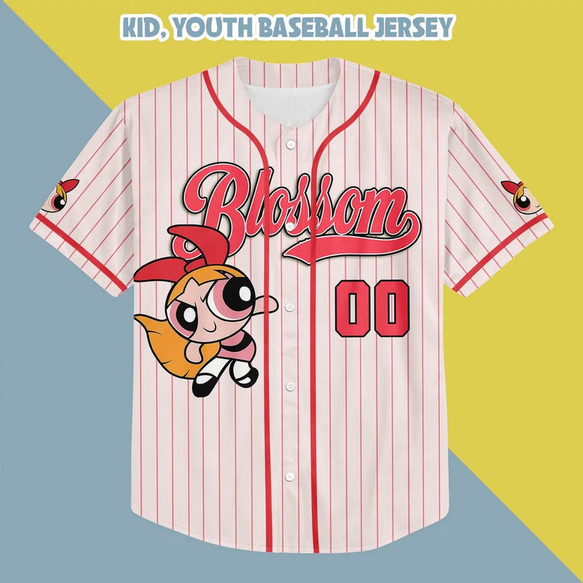 Custom Name Blossom Funny Powerpuff Girls 90s Red White Baseball Jersey