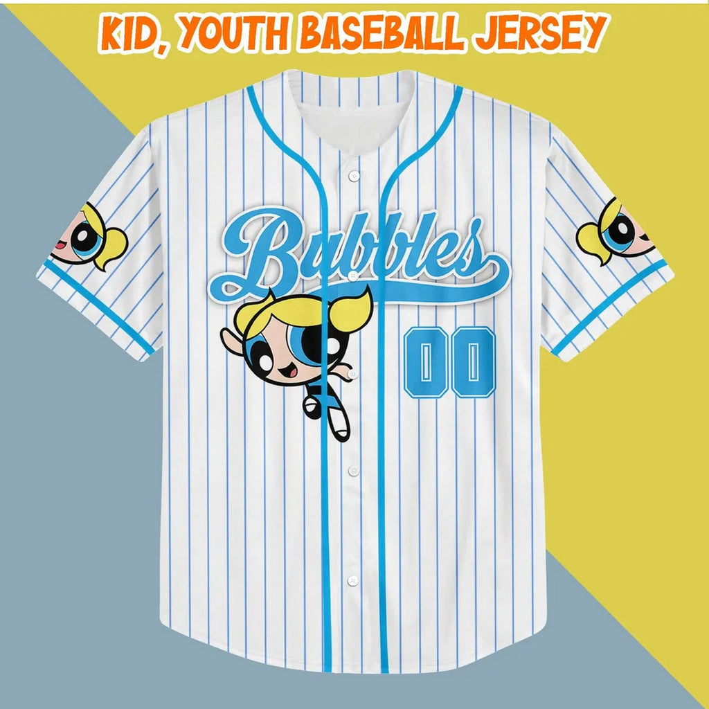 Custom Name Bubbles Funny Powerpuff Girls 90s Blue White Baseball Jersey