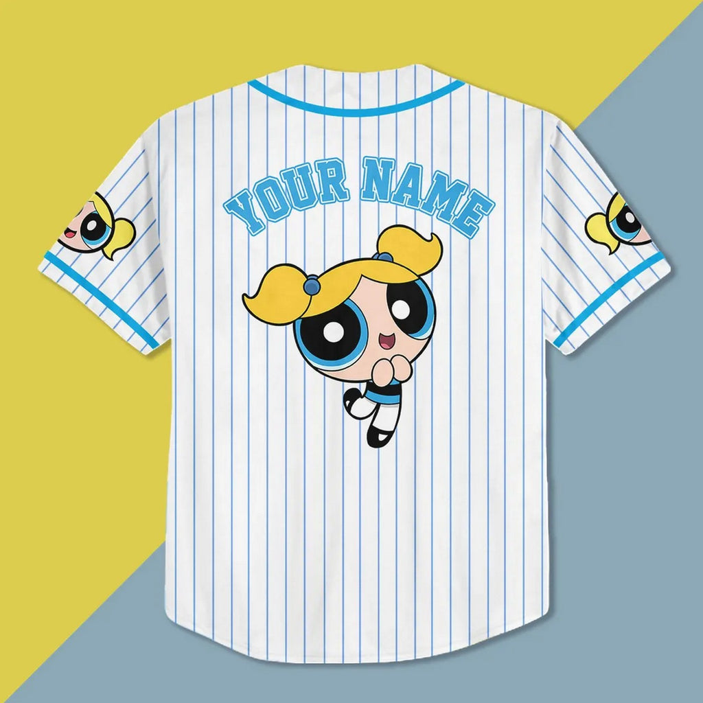 Custom Name Bubbles Funny Powerpuff Girls 90s Blue White Baseball Jersey