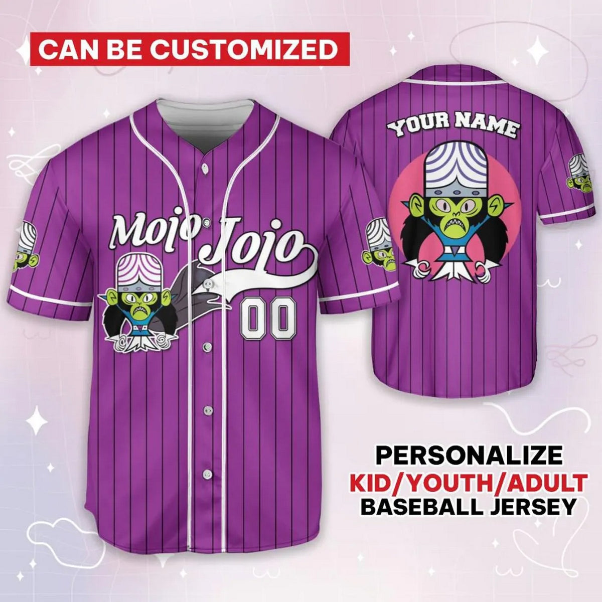 Custom Name Mojo Jojo Funny Powerpuff Girls 90s Violet Baseball Jersey