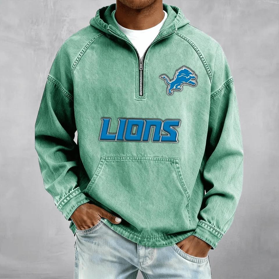 Detroit Lions Men's Half-Zip Denim Hoodie For Fan