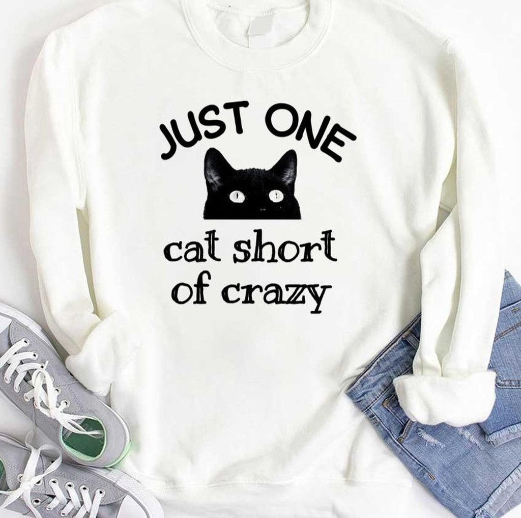 One Cat Short Of Crazy Funny Quote Black Cat Unisex T-Shirt