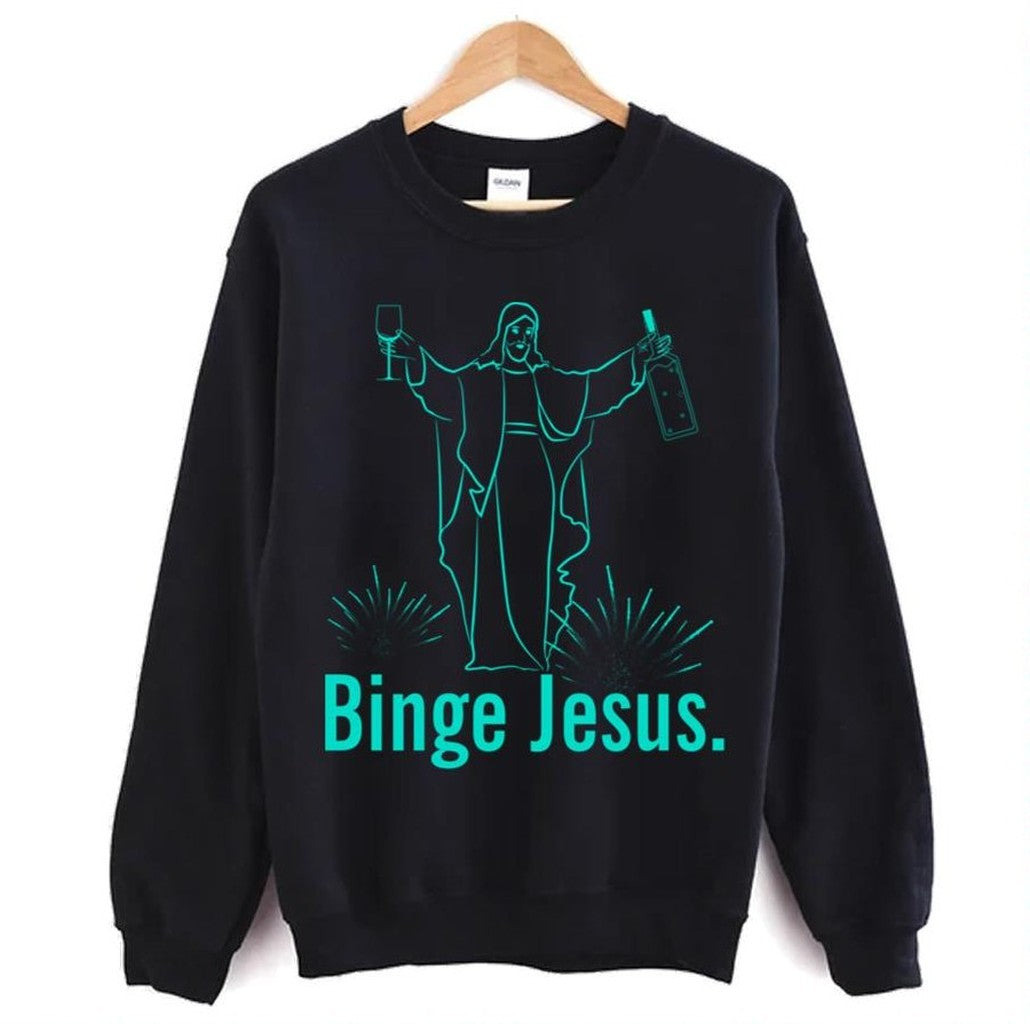 Binge Jesus Funny Christian Aqua Blue Sarcastic Bible Unisex Hoodie