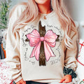 Proverbs She is Clothed with Strength Coquette Bow Light Pink Sweatshirt, Preppy Design, Coquette Bow Design, Bible Verse, Christian Girls, Full Size,