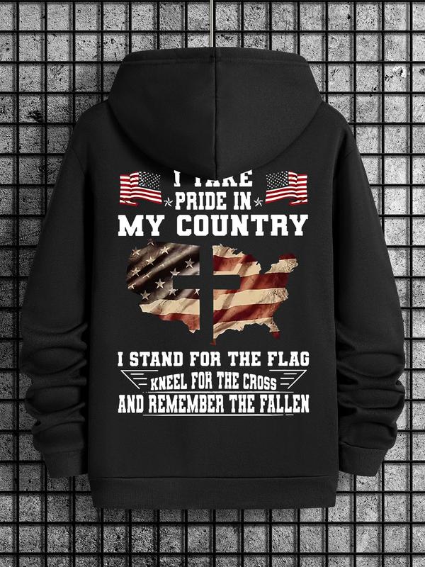 Men's American Flag Print Drawstring Hoodie, Casual Regular Fit Sweatshirt for Spring & Fall, Daily Wear Fashion for MenÂ 