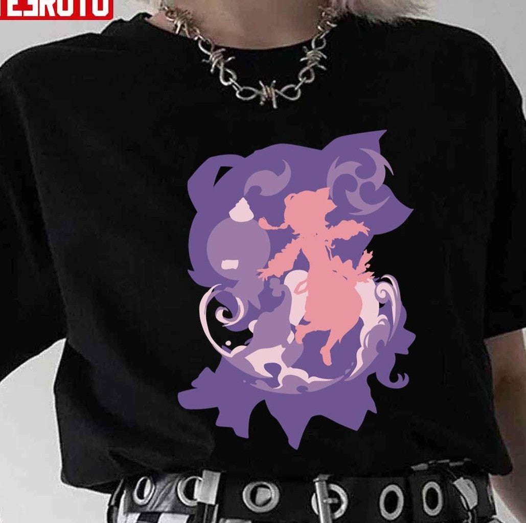 Pink Silhouette Of Dori From Genshin Impact Game In Double Exposure Technique Unisex T-shirt
