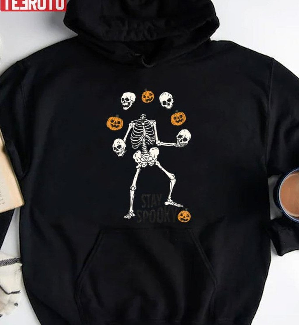 Play With Me Stay Spooky Juggling Skeleton Pumpkins And Skeleton Halloween Unisex Sweatshirt