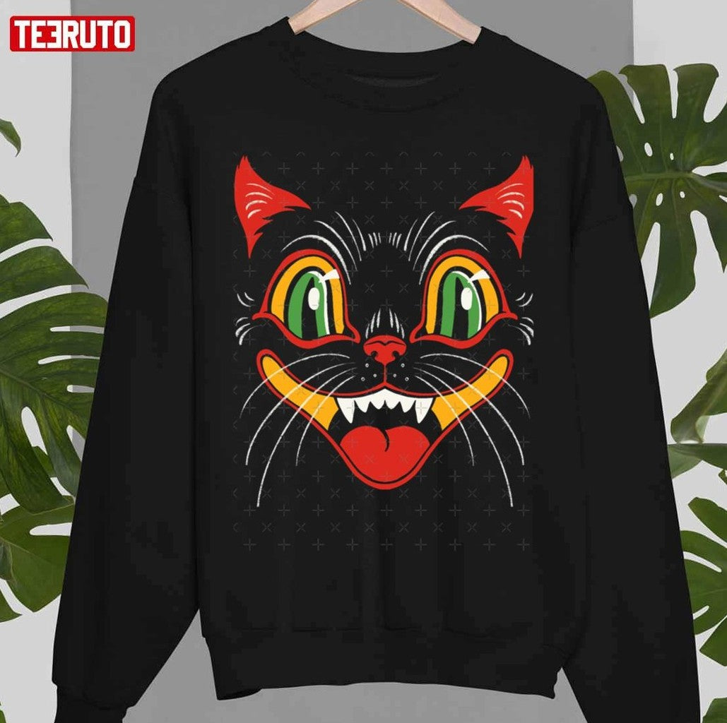 Retro Vintage Halloween Decor Black Cat Face Unisex T-Shirt