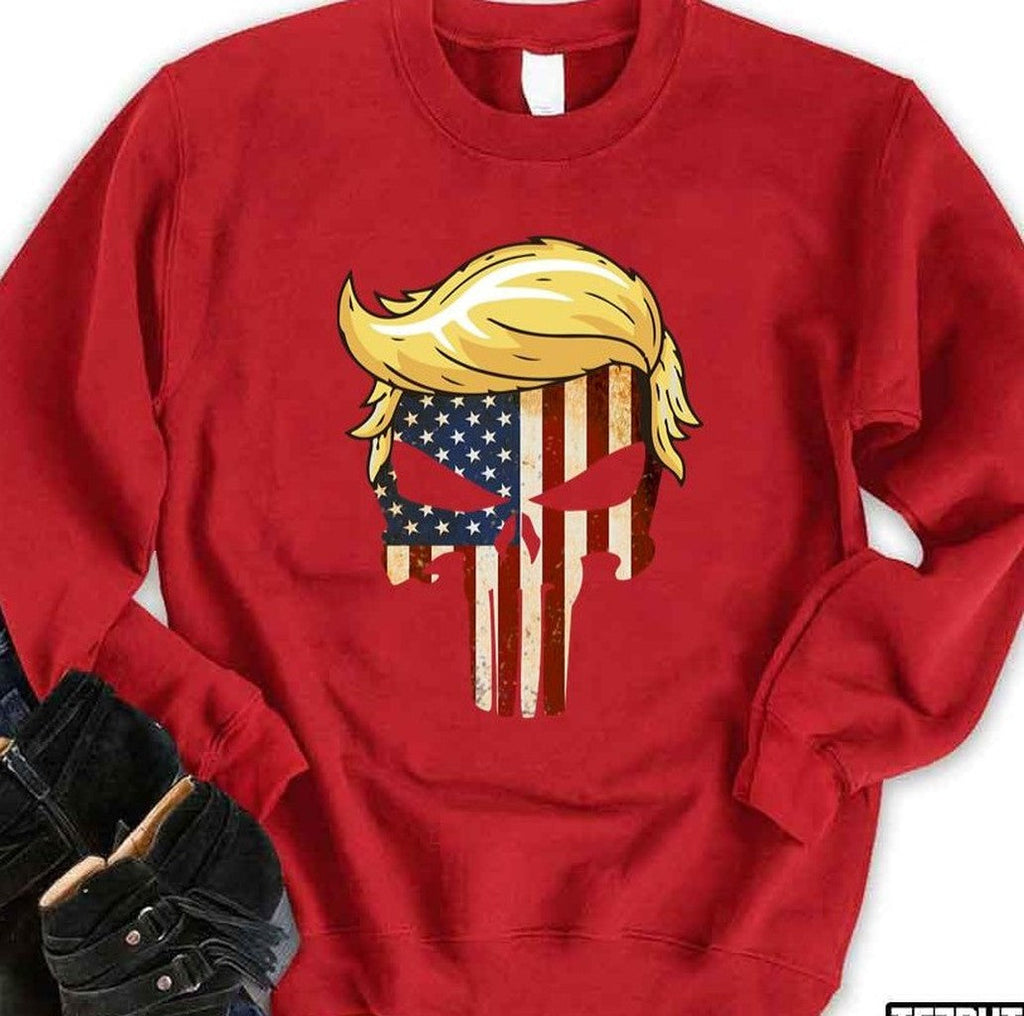 Skull With Iconic Trump Hair America Flag Unisex T-Shirt