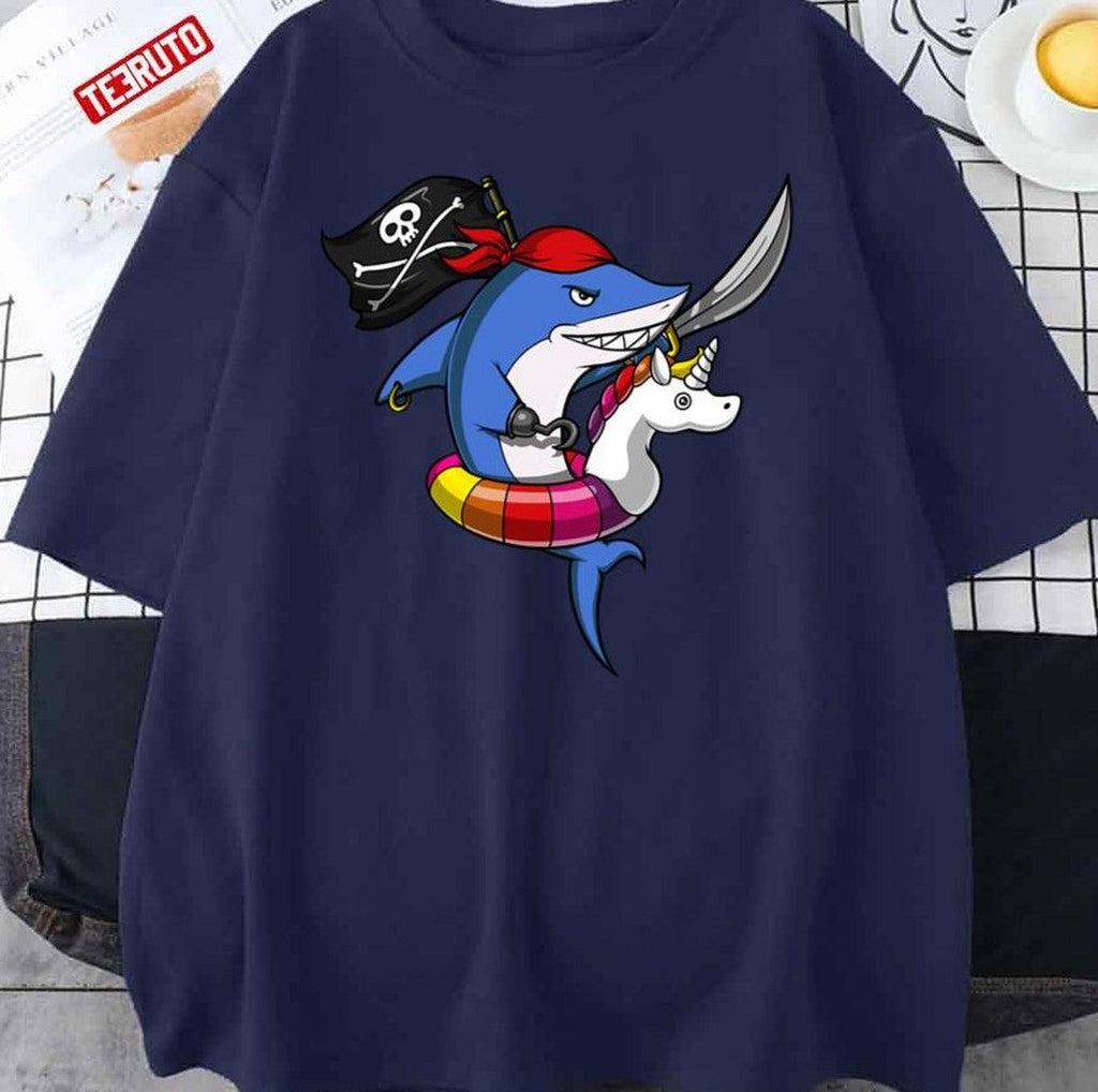 Shark Pirate Riding Unicorn Float Unisex T-Shirt