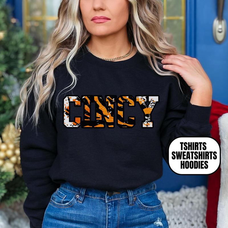 Distressed Cincinnati Football Apparel, Tee, Crewneck Sweatshirt, Gift For Sports Fan, Game Day Outfit, Cincy Print, Full Sizes, Full Color Cotton, Un