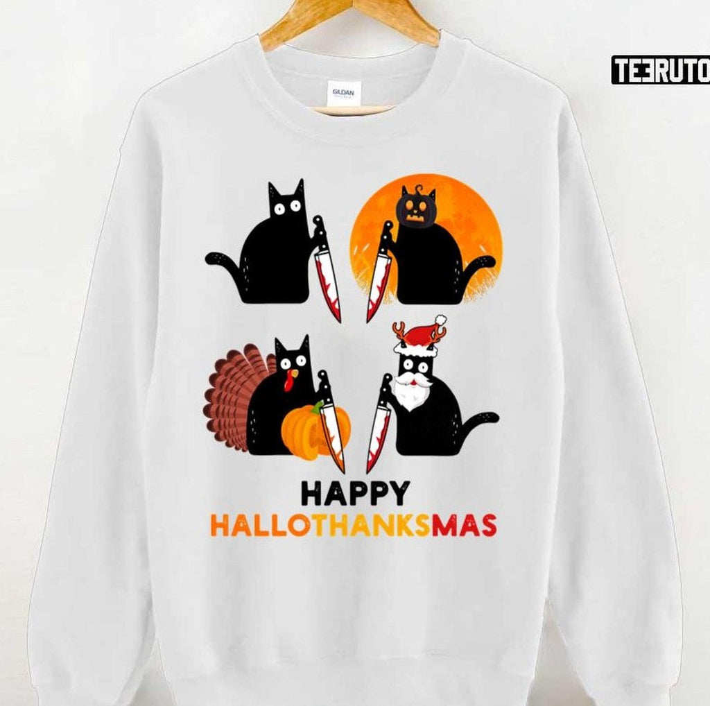 Black Cat Murder Halloween Thanksgiving Christmas Holidays Unisex Sweatshirt