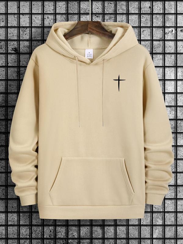 Cross Print Men's Hoodie with Drawstring Pocket, Regular Fit Long Sleeve Sweatshirt, Casual Men's Fashion for Spring & Fall Daily WearÂ 