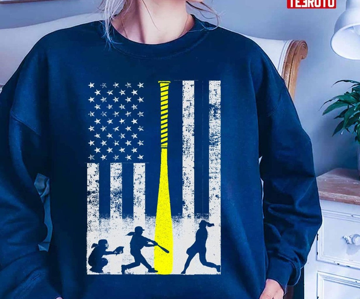 Softball Flag With Softball Players And Yellow Bat Unisex T-Shirt