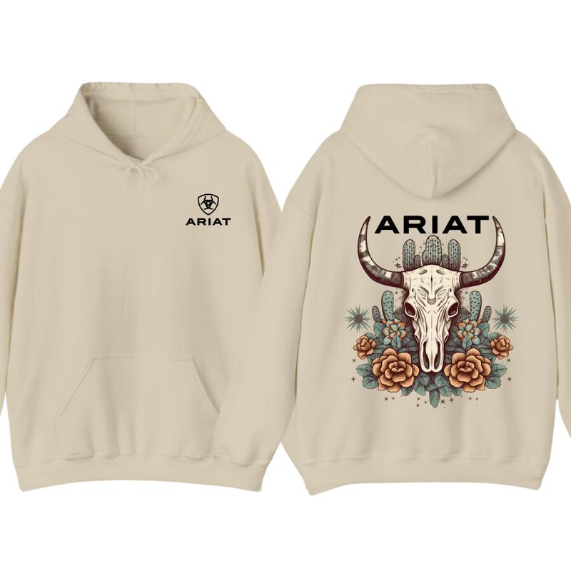 Ariat Hoodie - Tshirt, Featuring A Bull Skull Design With Unique Cactus Floral Patterns, Perfect For Outdoor Adventures, Casual, Classic Fashion Cotto