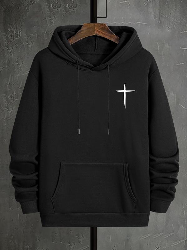 Men's Cross Print Hoodie, Casual Regular Fit Kangaroo Pocket Sweatshirt for Fall & Winter, Men's Daily Wear ClothingÂ 