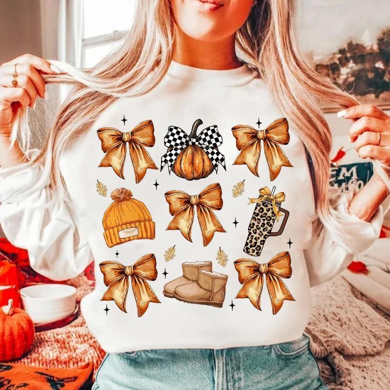 MS03 Retro Fall Basics Shirt, Retro Fall Pumpkin Bow, Coquette Bow, Autumn Girly Sweatshirt