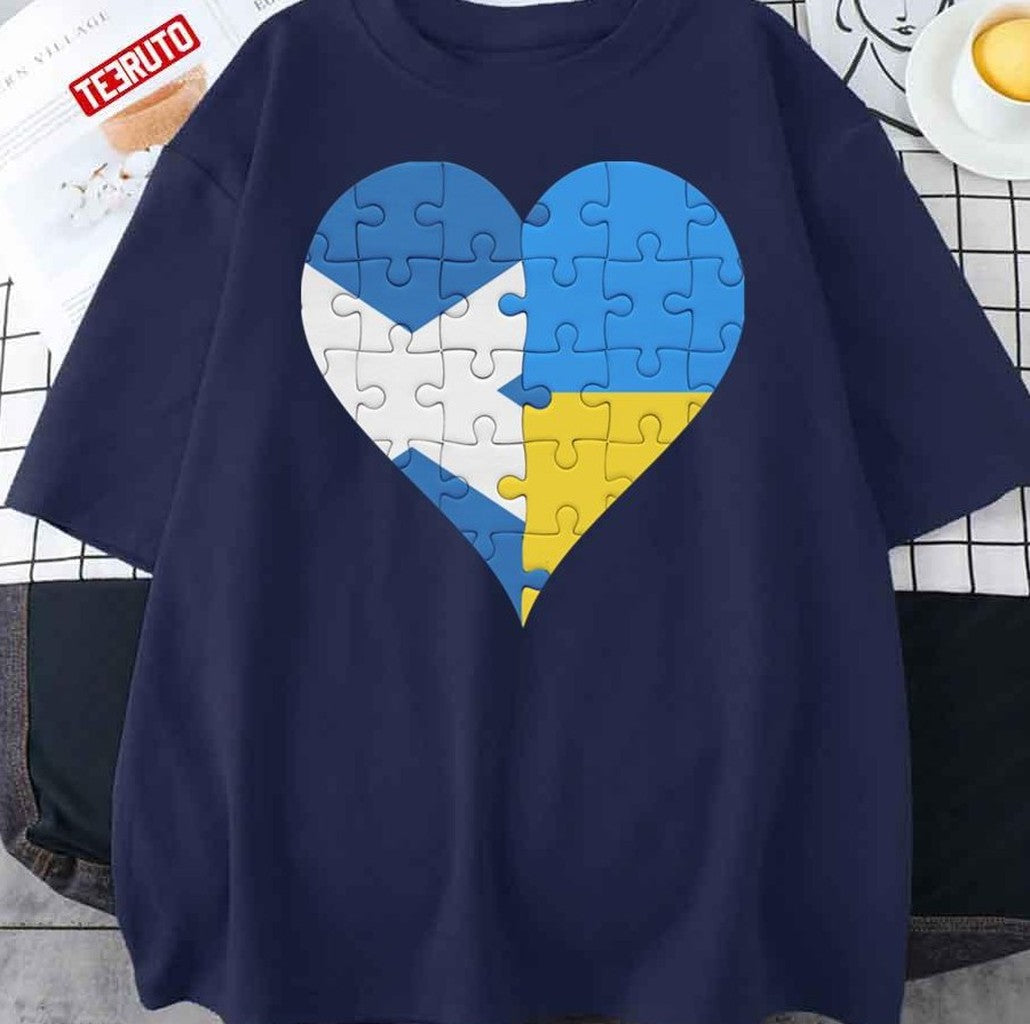 Scottish Ukrainian Flag United Heart Jigsaw Puzzle Scotland Ukrain Unisex T-Shirt