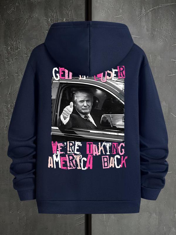 Men's Letter & Flag Print Drop Shoulder Graphic Hoodie, Casual Regular Fit Drawstring Sweatshirt for Holiday Wear, Spring & Fall FashionÂ 