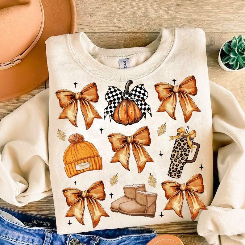 MS03 Retro Fall Basics Shirt, Retro Fall Pumpkin Bow, Coquette Bow, Autumn Girly Sweatshirt