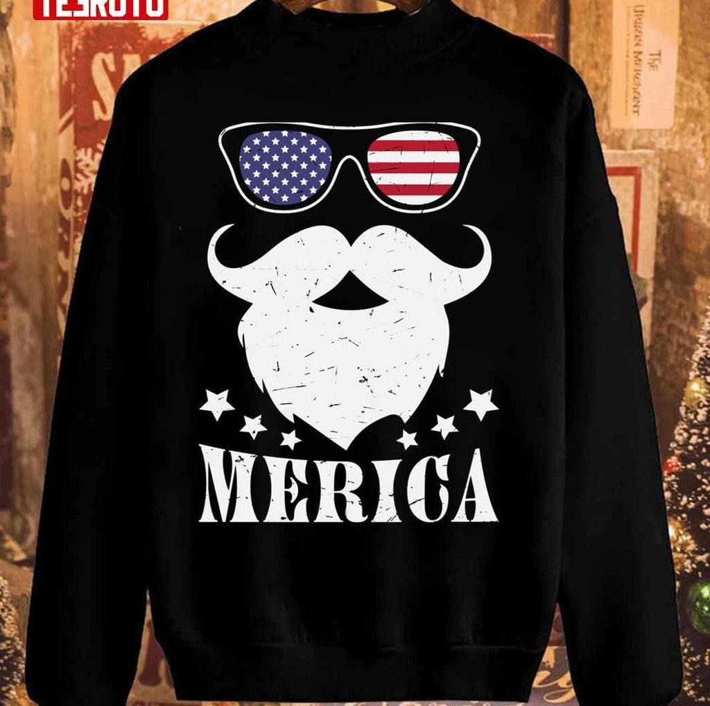 Santa Merica America Flag Glasses Mustache Unisex Sweatshirt