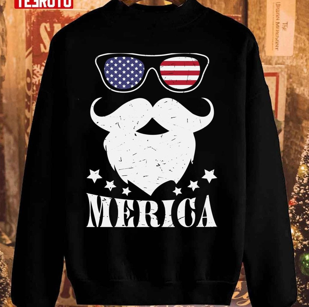 Santa Merica America Flag Glasses Mustache Unisex Sweatshirt