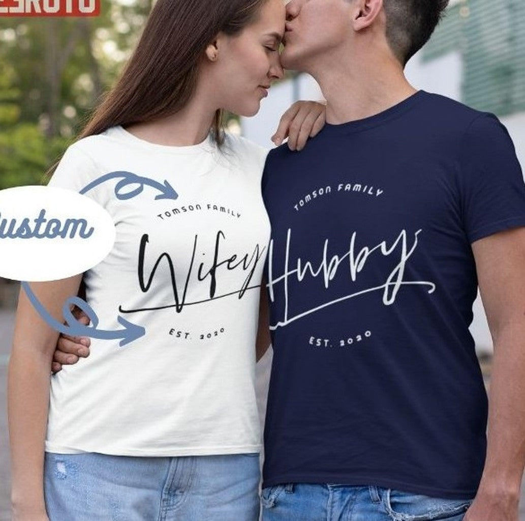 Personalize Family Name Hubby Wifey Husband And Wife Matching Couple Valentine T-Shirt