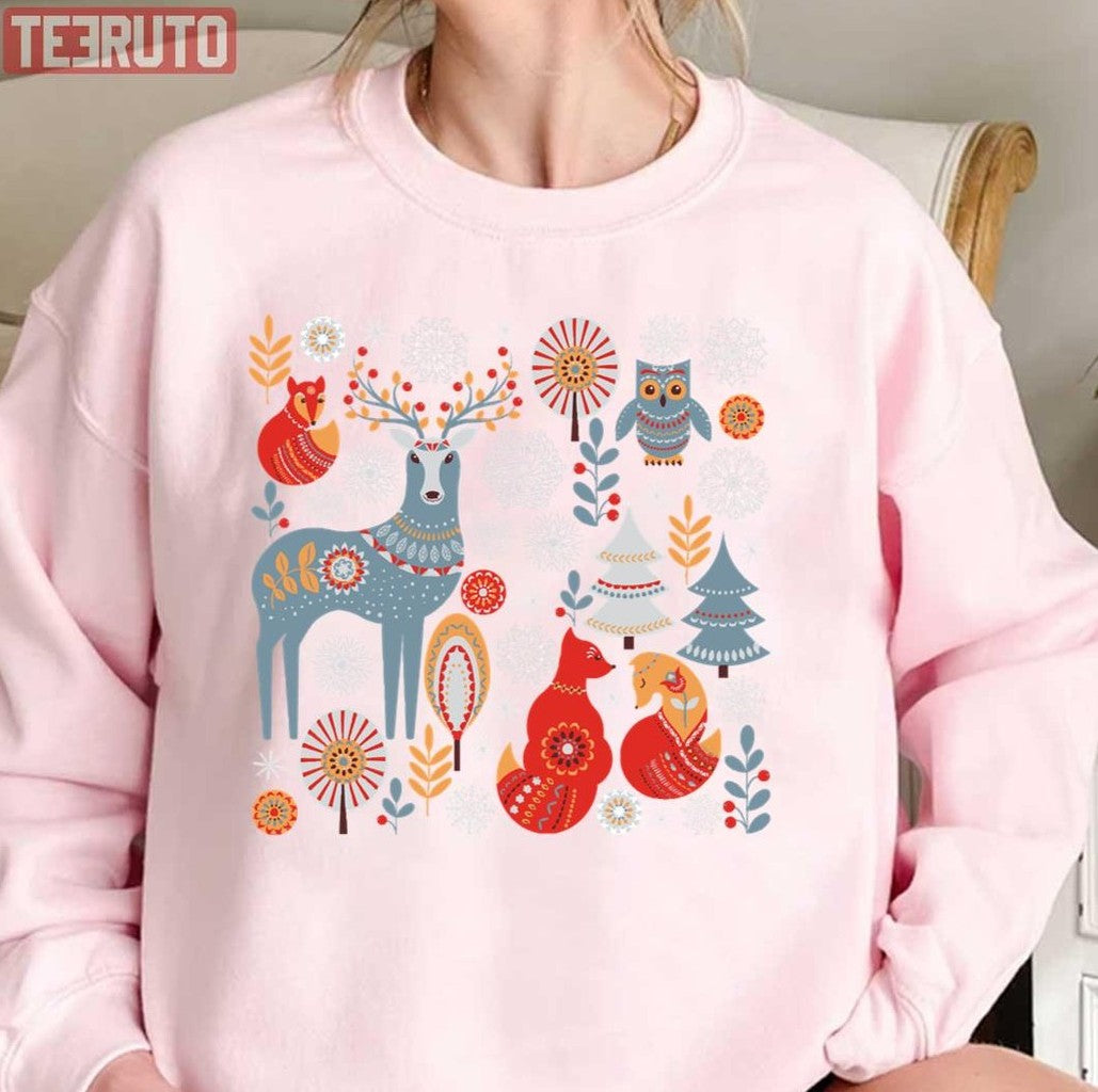 Scandinavian Christmas Pattern Deer Owls Foxes Trees Unisex Sweatshirt