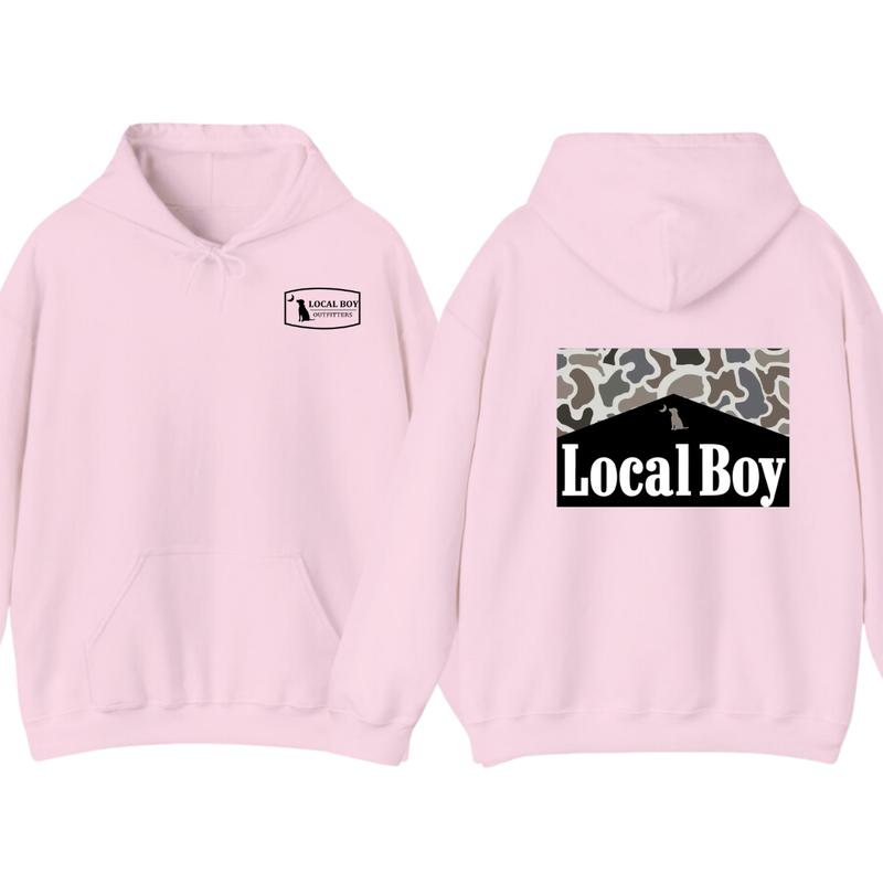 Local Boy Outfitters Hoodie, Tshirt - Bold Logo with Camo Pattern Graphic , Perfect for Outdoor and Casual Wear, unisex