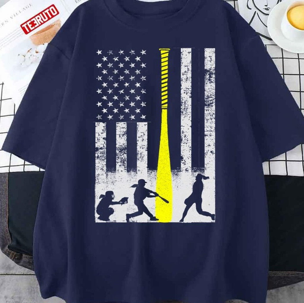 Softball Flag With Softball Players And Yellow Bat Unisex T-Shirt