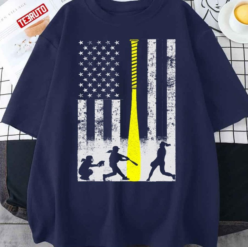 Softball Flag With Softball Players And Yellow Bat Unisex T-Shirt