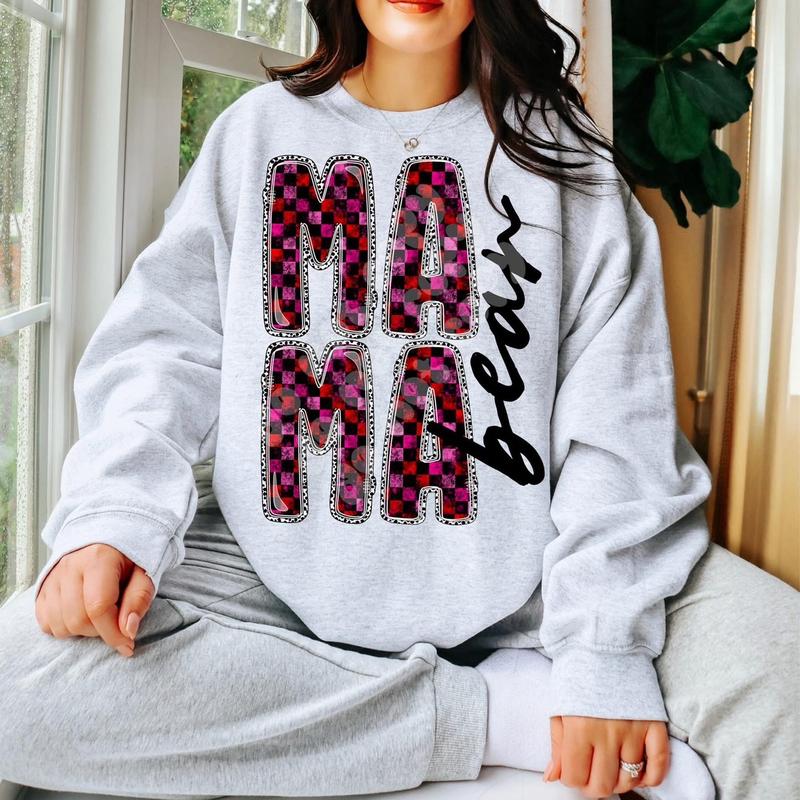 Checkered Mama Bear Sweatshirt - Ash Grey - Sublimation - Valentineâ€™s Day - Unisex Jersey Sweatshirt