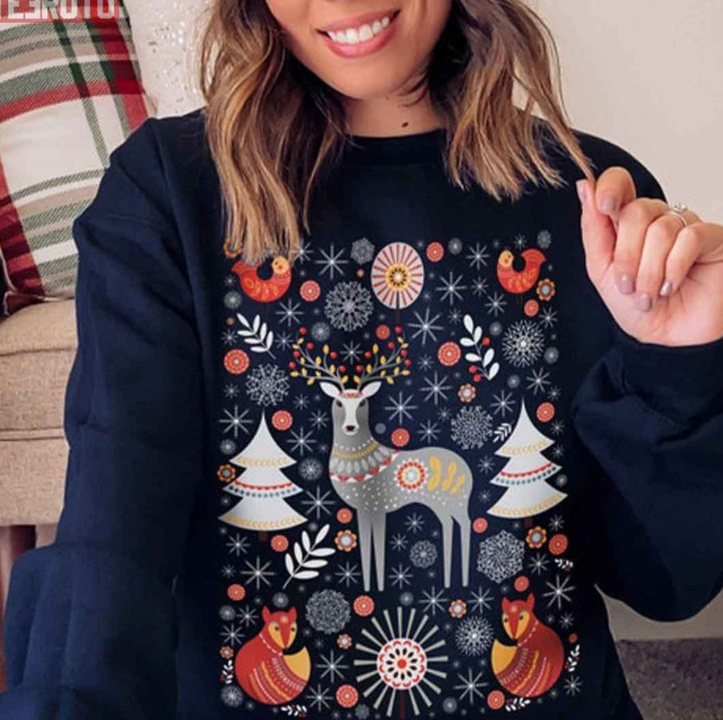 Scandinavian Botanical Christmas Norwegian Folk Art Vintage Sweatshirt