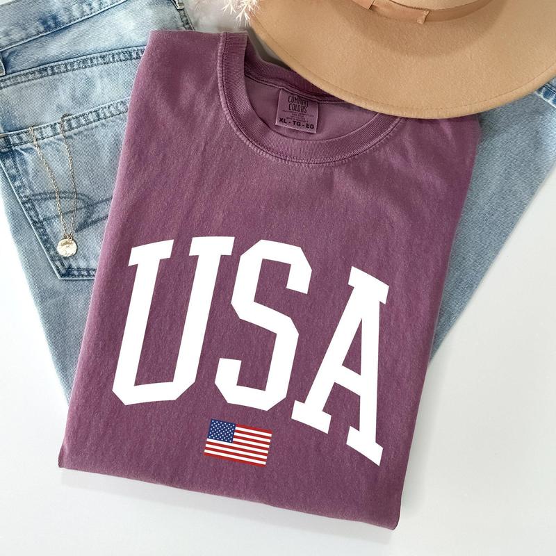 USA Flag, America, Patriotic, White, 4th of July Tshirt, Women's Crew Neck, Crewneck