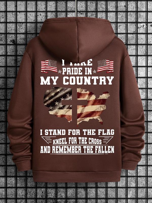 Men's American Flag Print Drawstring Hoodie, Casual Regular Fit Sweatshirt for Spring & Fall, Daily Wear Fashion for MenÂ 