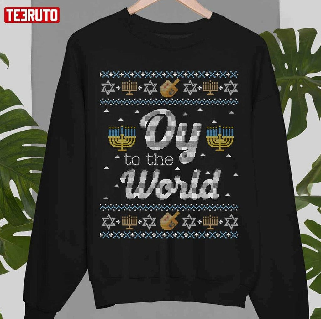 Oy To The World Funny Jewish Ugly Hanukkah Sweater Pattern Unisex Sweatshirt