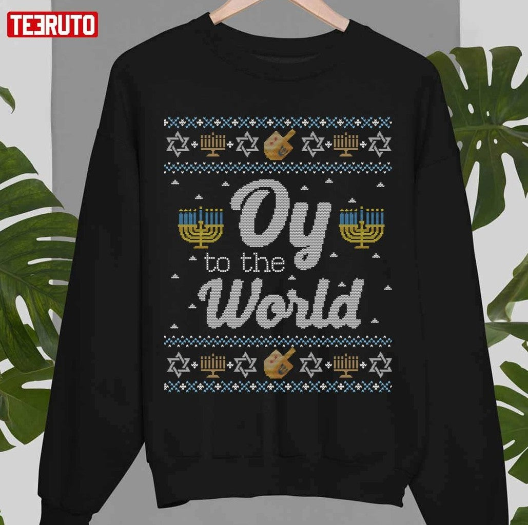 Oy To The World Funny Jewish Ugly Hanukkah Sweater Pattern Unisex Sweatshirt