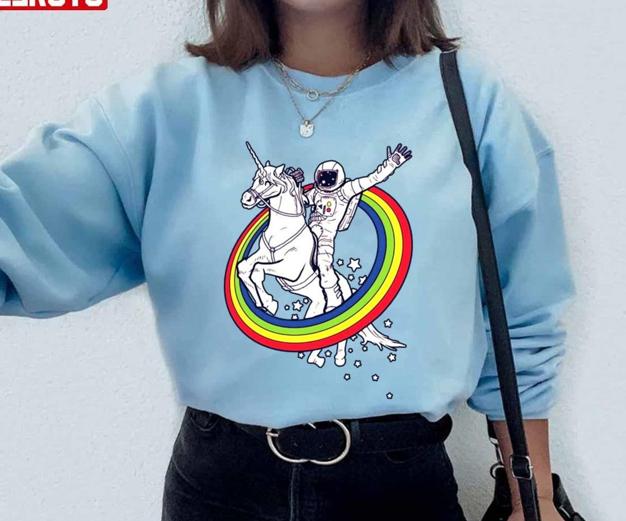 Astronaut Riding Unicorn Through The Rainbow Valentine Lgbt Unisex Sweatshirt